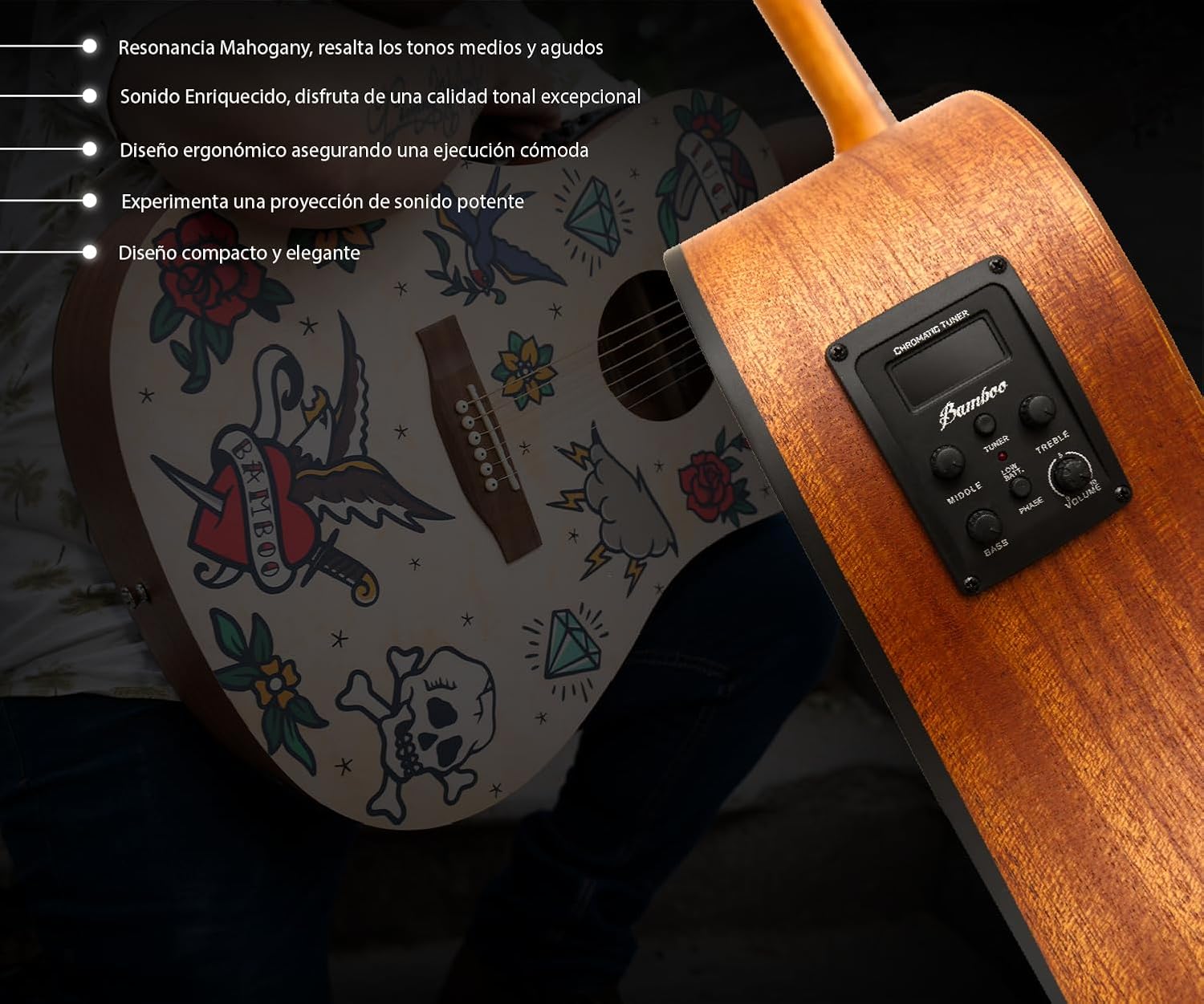 Bamboo 41" Acoustic Electric Guitar. Beginner for Adults and Teens with Gig Bag, Pick, Tuner, Strings, Capo, Strap and Truss Rod Key. Design Old School model.