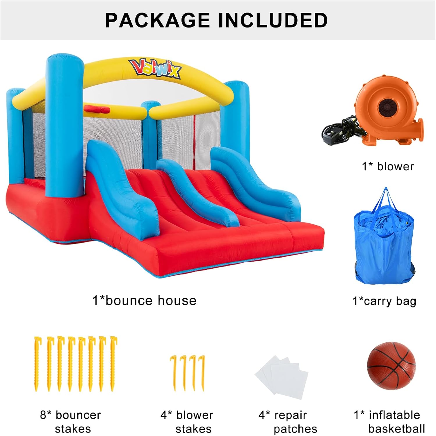 Valwix Bounce House, Inflatable Bouncer with Blower for Kids 3-10, Indoor Outdoor Bouncy Castle Double Slide, Large Bounce Area w/Basketball Hoop, 300 LBS Capacity
