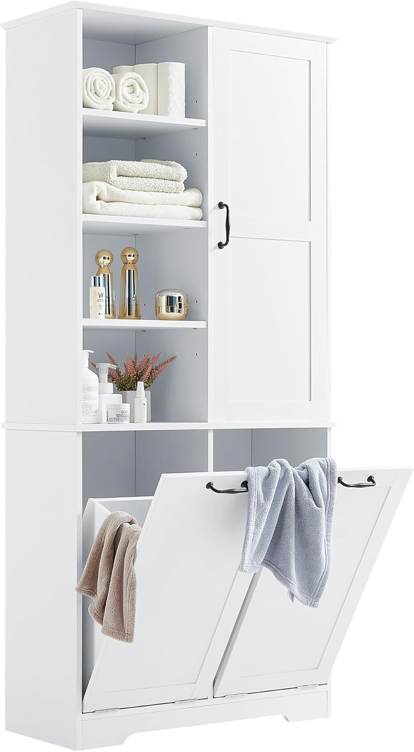 Merax Bathroom Storage Cabinet with Laundry Hamper, Open Shelf, Tall Freestanding Organizer for Home, White