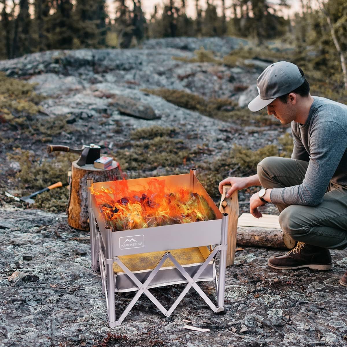 KAMPKEEPER Fire Pit 18 Inch Outdoor Wood Burning Fire Pit,Portable Fire Pit for Camping, Beach Parties,and More,Included Heat Shield for Leave No Trace Fires(Pop-Up Fire Pit + Heat Shield)