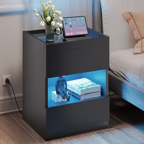 VIAGDO Set of 2 Nightstands with Charging Station and LED Lights, LED Night Stand Set 2 with 2 Drawers and Drawer Organizer, Modern Glass Top Bedside Tables, End Side Tables for Dorms, Bedrooms