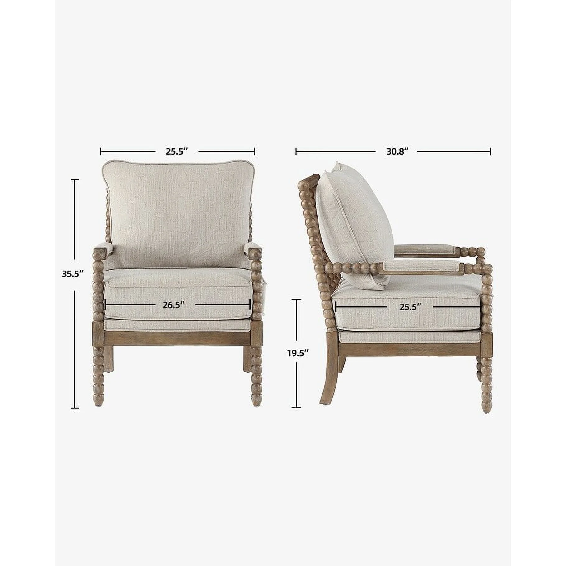 Linen Fabric,Chenille Spindle Accent Chair Set with Gourd-Shaped Wood Frame Brown+Cream