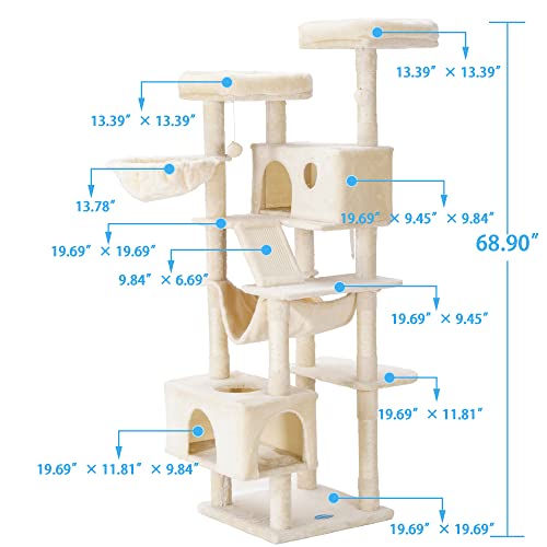 Hey-brother Cat Tree, XL Cozy Cat Tower, 69 Inch Tall Cat Condo with Hammock, Basket, Scratching Posts, 2 Large Cat Caves, 2 Plush Perches, Stable Cat Activity Center, Light Gray MPJ033W