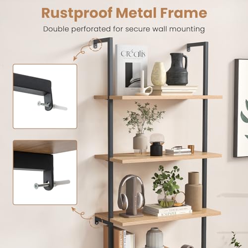 6-Tier Ladder Bookshelf with Cabinet, 71" Tall Wall Mount Shelf Bookcase w/Sturdy Metal Frame & Rattan Cabinet Bottom, Wall Storage Display Rack for Living Room, Bedroom & Home (1)