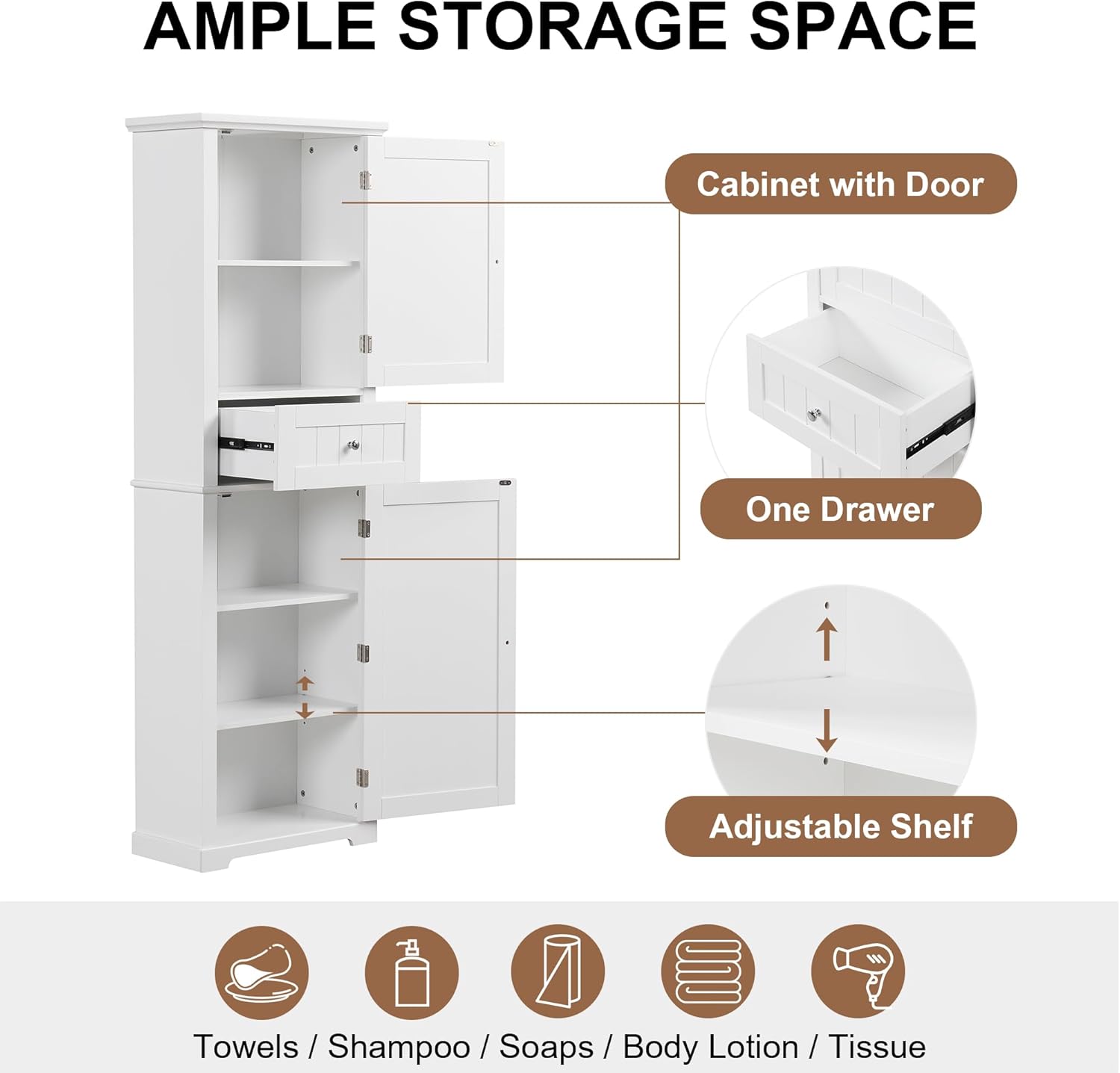 DofFo 67.3“ Tall Linen Bathroom Storage Cabinet, Modern Linen Cabinet Freestanding with 2 Doors and 1 Drawer, Bathroom Organizers Storage, Shelves for Bathroom, Living Room, Anti-Tipping, White