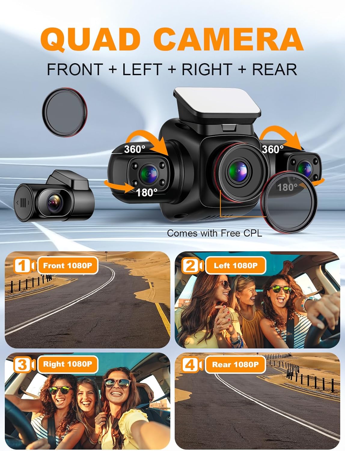 PRUVEEO 360 Degree View 4 Channel Dash Cam Front and Rear Inside Left Right, Dash Camera for Cars with CPL, Built-in GPS WiFi Night Vision, 24/7 Recording Parking Mode Monitor, Free 128G Card