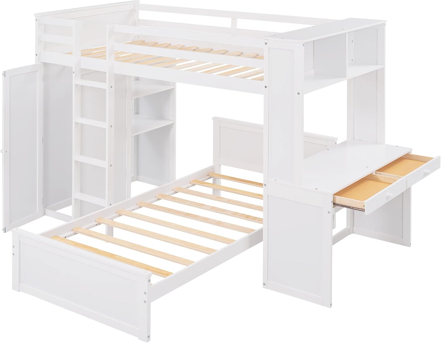Twin Wooden Bunk Loft Bed with Shelves Desk and Wardrobe for Kids Teens Adults, White