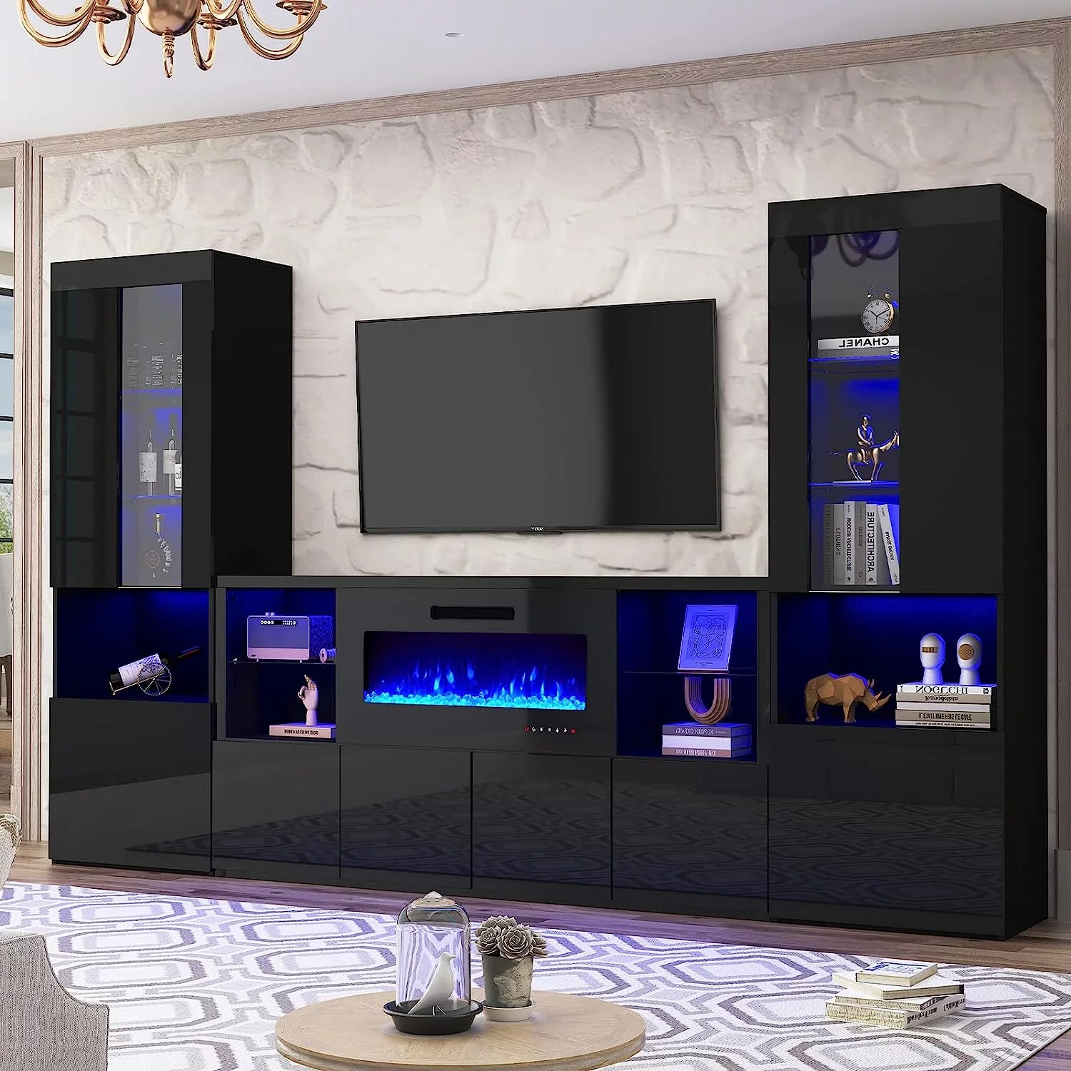 AMERLIFE Modern High Gloss 68" Fireplace TV Stand, Media Entertainment Center with Electric Fireplace & LED Lights for TVs up to 78", TV Console Storage Cabinet with Adjustable Glass Shelves, Black