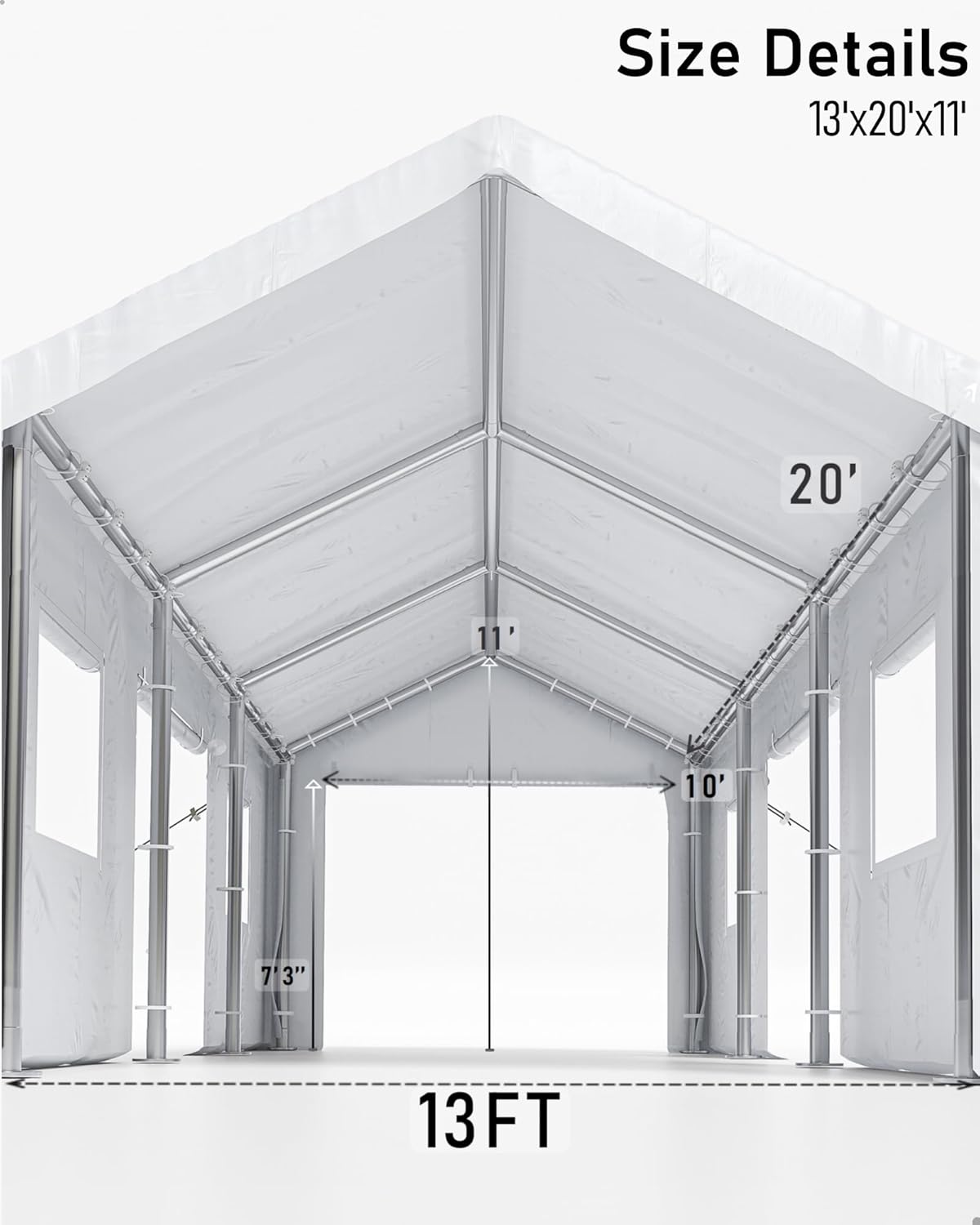 Carport 13'x20' Portable Garage, Heavy Duty Carport Canopy, Reinforced Steel Poles, 4 Roll-up Doors & 4 Windows, for Pickup, Boat, and Equipment, White