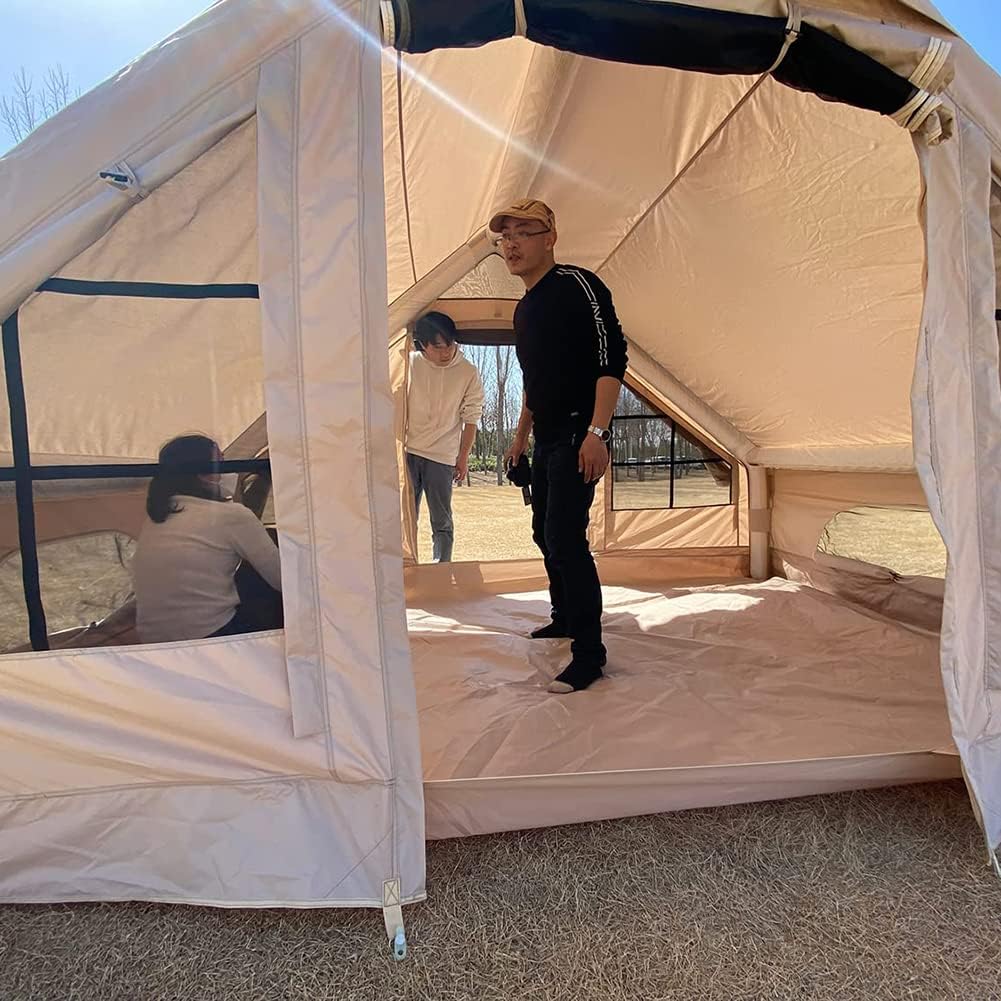 Inflatable Glamping Tent with Pump, Easy Setup Waterproof Outdoor Oxford Tents, Self-Supporting Structure Cabin Tent with Mosquito Screen, 4-5 Person Inflatable House Tent, 4 Season Air Tent