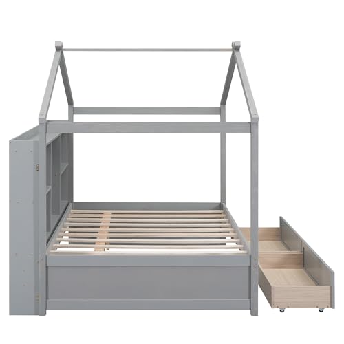 Full Size House Bed with Twin Size Trundle and Storage, Montessori Bed Wood Playhouse Bed Frame,Wooden Kids Bed Frame with Roof Design (White/Full Size House Bed-002)