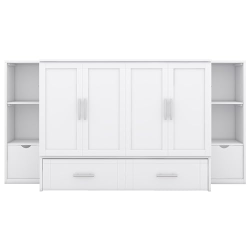 Full Size Murphy Wall Bed With Storage and Bookcase Headboard, Solid Wood Cabinets With Shelves, Drawers and USB Ports, Multi-Function Platform for Home Office, Guest Room - White