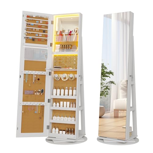 Vlsrka 360° Swivel Jewelry Cabinet with Lights, Jewelry Armoire with Full Length Mirror, Large Jewelry Armoire Organizer, Lockable Free Standing Mirror with Storage, Rear Storage Shelves, Black