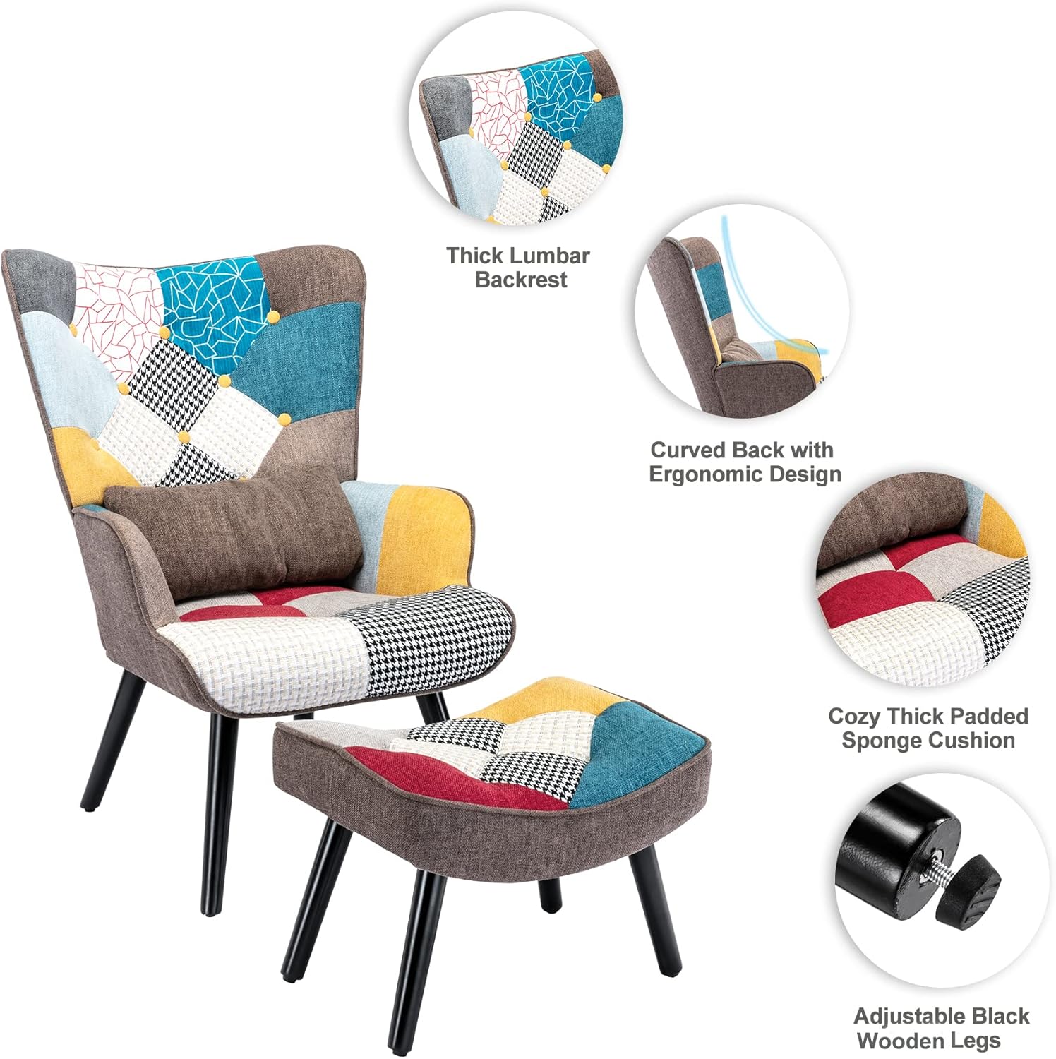 HomeMiYN Patchwork Accent Chair with Ottoman, Modern Colorful Reading Armchairs with Footrest, Splicing Wingback Chair with Wooden Legs for Living Room, Bedroom