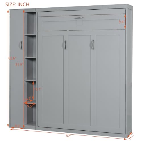 Harper & Bright Designs Queen Size Murphy Bed Wall Bed with Storage Shelves, Wardrobe and LED Lights, Space-Saving for Multipurpose Guest Room or Home Office, Gray