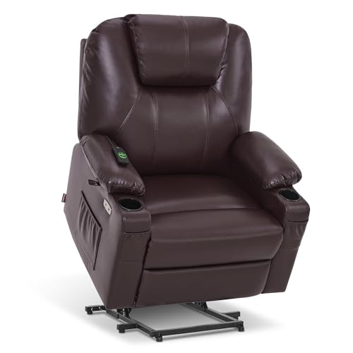 MCombo Power Lift Recliner Chair for Elderly, Lift Chair with Heat and Massage, FSC Certified, USB Ports, Cup Holders, Faux Leather 7040 (Black, Medium)