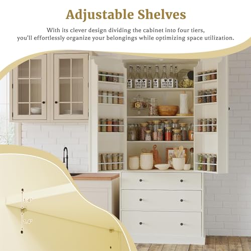 77" Kitchen Pantry with 3 Drawers, 3 Adjustable Shelves, 8 Door Racks, Large Wooden Cupboard, Freestanding Tall Cabinet for Kitchen Dining Room, Grey