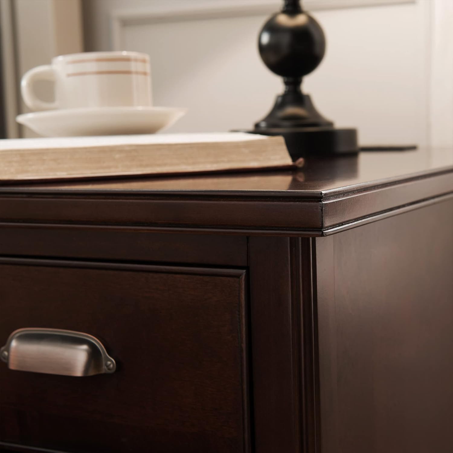 Leick Home 10508 Laurent Cabinet End Table with Top Drawer, Door and 2-plug AC/USB Outlet, Chocolate Cherry