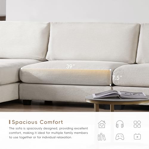 P PURLOVE Oversized Corduroy Sectional Sofa with USB Charging Port, Cup Holder, L Shaped Cloud Couch with 50" W Chaise, Comfy Indoor Furniture for Living Room (Gray)