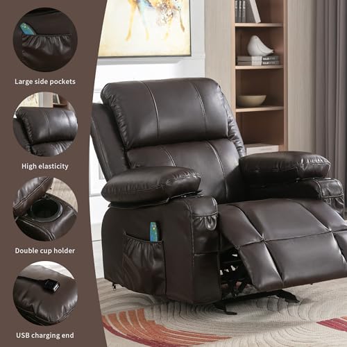 Leather Rocker Recliner Chair - Heated Recliner Chair with Massage Manual Recliner Chair Small Recliner Chairs for Adults Rocking Chair with Footrest Rocking Recliner Chair for Nursery (Brown)