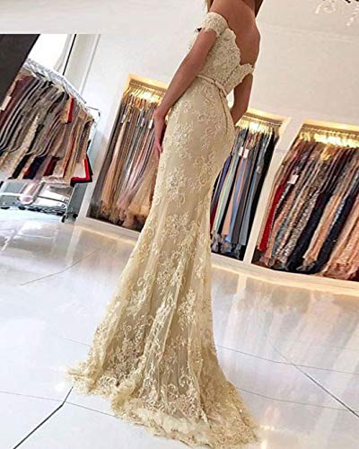 SDRESS Crystals Lace Appliques Cap Sleeve Off Shoulder Mermaid Prom Party Dress