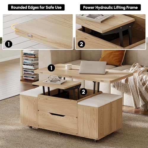 homary Black Lift-Top Coffee Table with Hidden Storage, 3-in-1 Modern Folding Center Table with 4 Stools, Casters, and Lockable Wheels – Convertible Dining & Office Table for Living Room