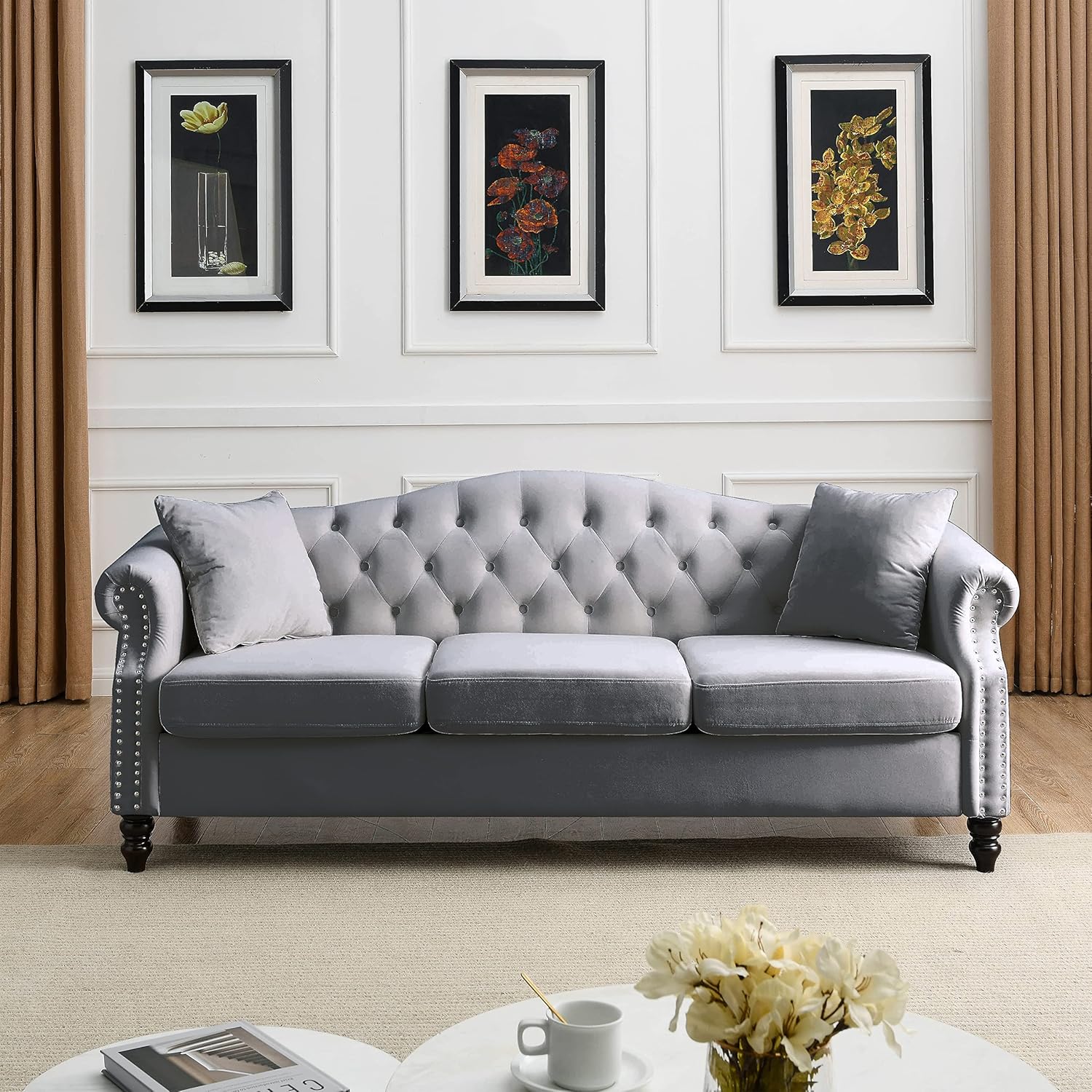 79" Chesterfield Sofa Grey Velvet for Living Room, 3 Seater Sofa Tufted Couch with Rolled Arms and Nailhead for Living Room, Bedroom, Office, Apartment, 2 pillowsW834S00012
