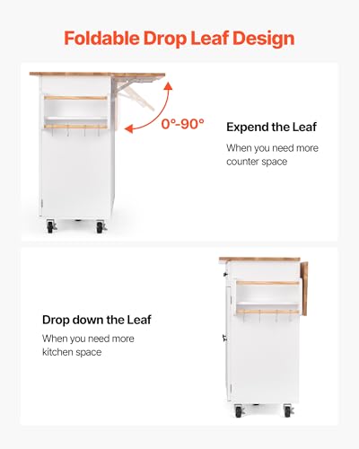 VEVOR Kitchen Island Cart with Solid Wood Top, 35.4" Width Mobile Carts with Storage Cabinet, Rolling Kitchen Table with Spice Rack, Towel Rack, and Drawer, Portable Islands on Wheels, White