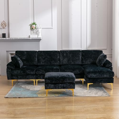 Modern Sectional Sofa, U-shaped Sofa Couch Furniture Sets with 2 Pillows, 4 Seat Sofa with Ottoman for Living Room, Hotel, Purple-A