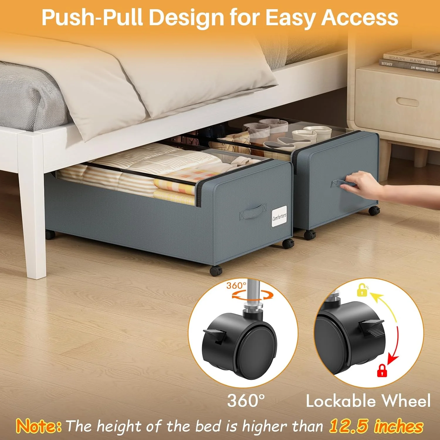 12 inch Under the Bed Storage Bins with Clear Lid, Under Bed Storage Containers with Wheels for Underneath Small Spaces Dorms, Blankets (2 Pack, Grey, 30.7x17.3x12)