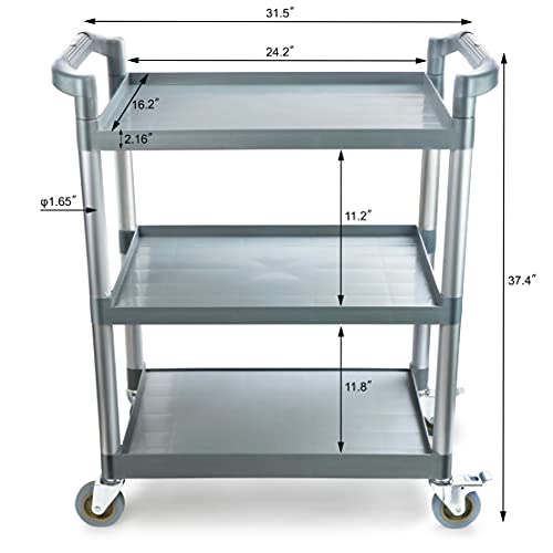 New Star Foodservice 54538 250-Pound Plastic 3-Tier Utility Bus Cart with Locking Casters, 32" x 16" x 38", Black