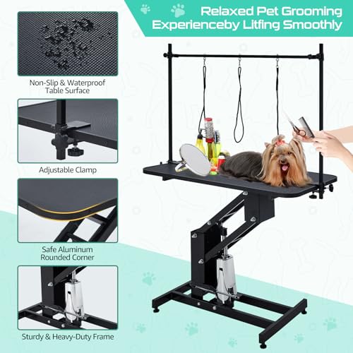 43.3" Hydraulic Dog Grooming Table for Pet, Heavy Duty Structural Hydraulic Max Load 350Lbs Professional Pet Grooming Table with Adjustable Overhead Arm & Noose Height Range 22''-39'' (WHITE)