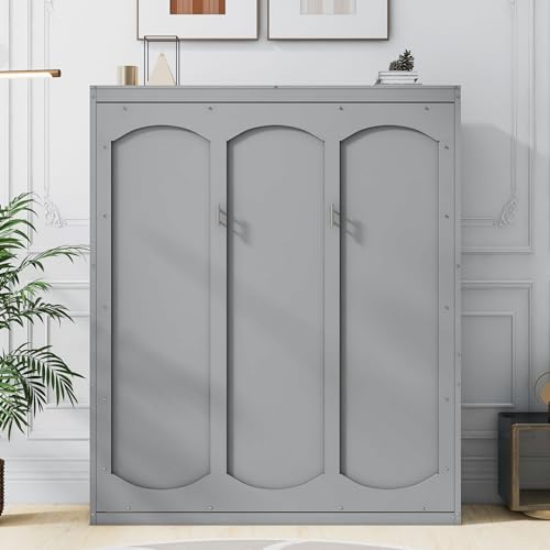 INCLAKE Queen Size Murphy Bed with Storage Shelves, Space-Saving Wooden Wall Bed,Versatile Cabinet Bed Folding Hideaway Bed for Multipurpose Room, Gray