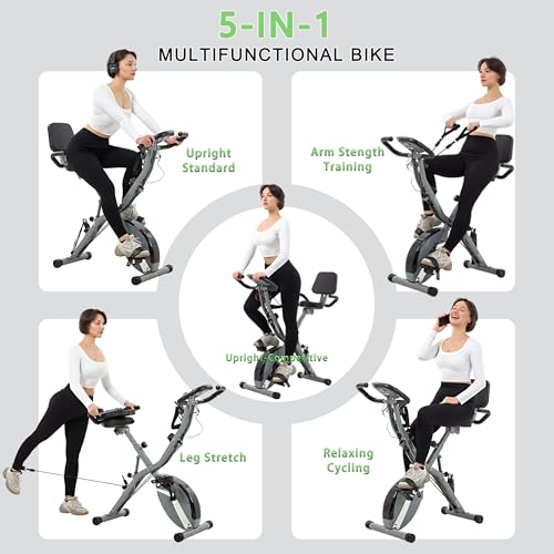BARWING Stationary Exercise Bike for Home Workout, 5 IN 1 Foldable Indoor Cycling Bike for Seniors, 350LB Capacity, 16-Level Magnetic Resistance, Seat Backrest Adjustments