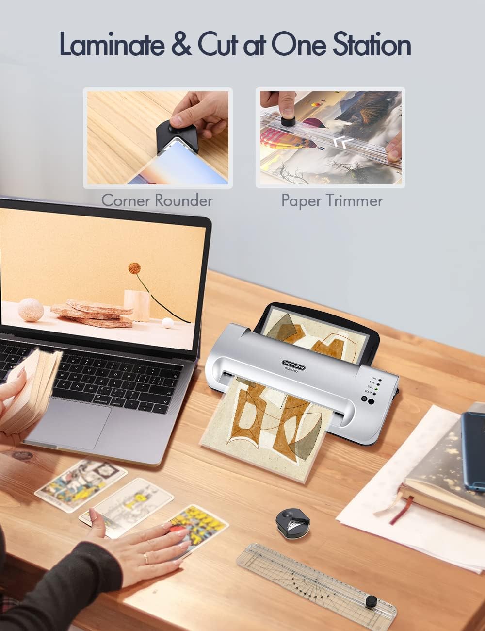 Laminator Machine, Sinopuren 13-inch Thermal Laminator, with Paper Trimmer, Corner Rounder, 10 Pouches Sheets, Quick Warm-Up, Cold and Hot Laminating for Home/School/Office