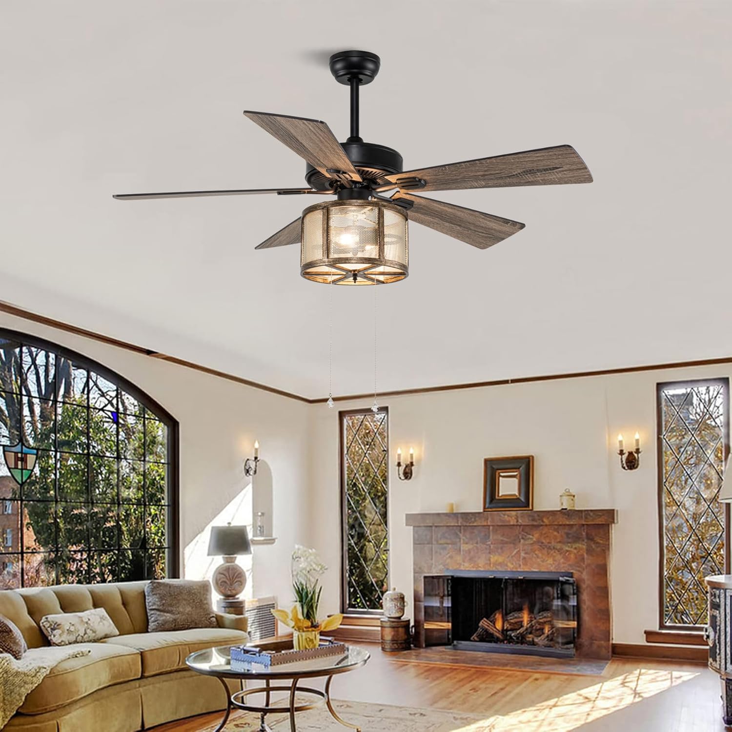 52”Farmhouse Ceiling Fan with Lights Remote Control, Caged Ceiling Fan with 5 Reverse Blades, Quiet Motor, 3 Speed Rustic Ceiling Fans for Living Room,Bedroom,Matte Black