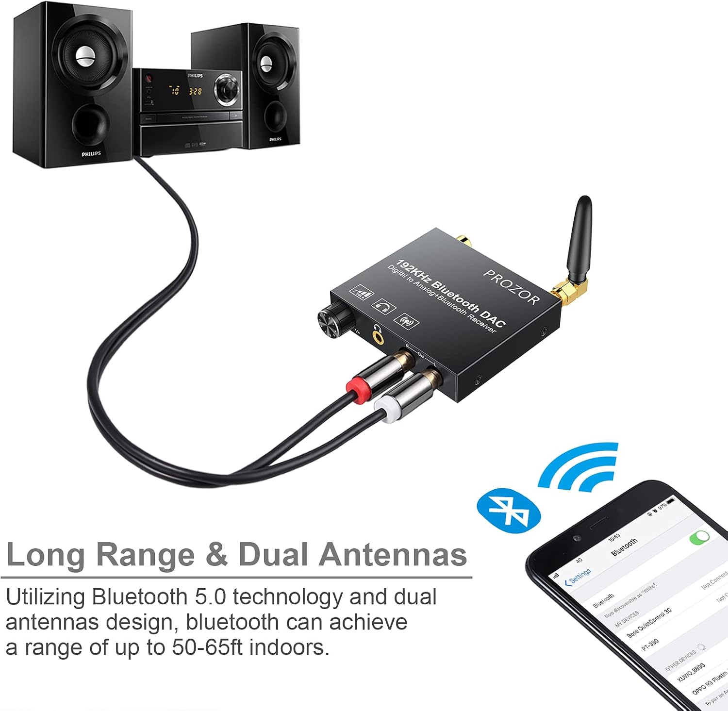 PROZOR 192kHz Digital to Analog Audio Converter with 5.0 Bluetooth Receiver, Optical Coaxial Bluetooth Digital Audio to Stereo Analog RCA & 3.5mm