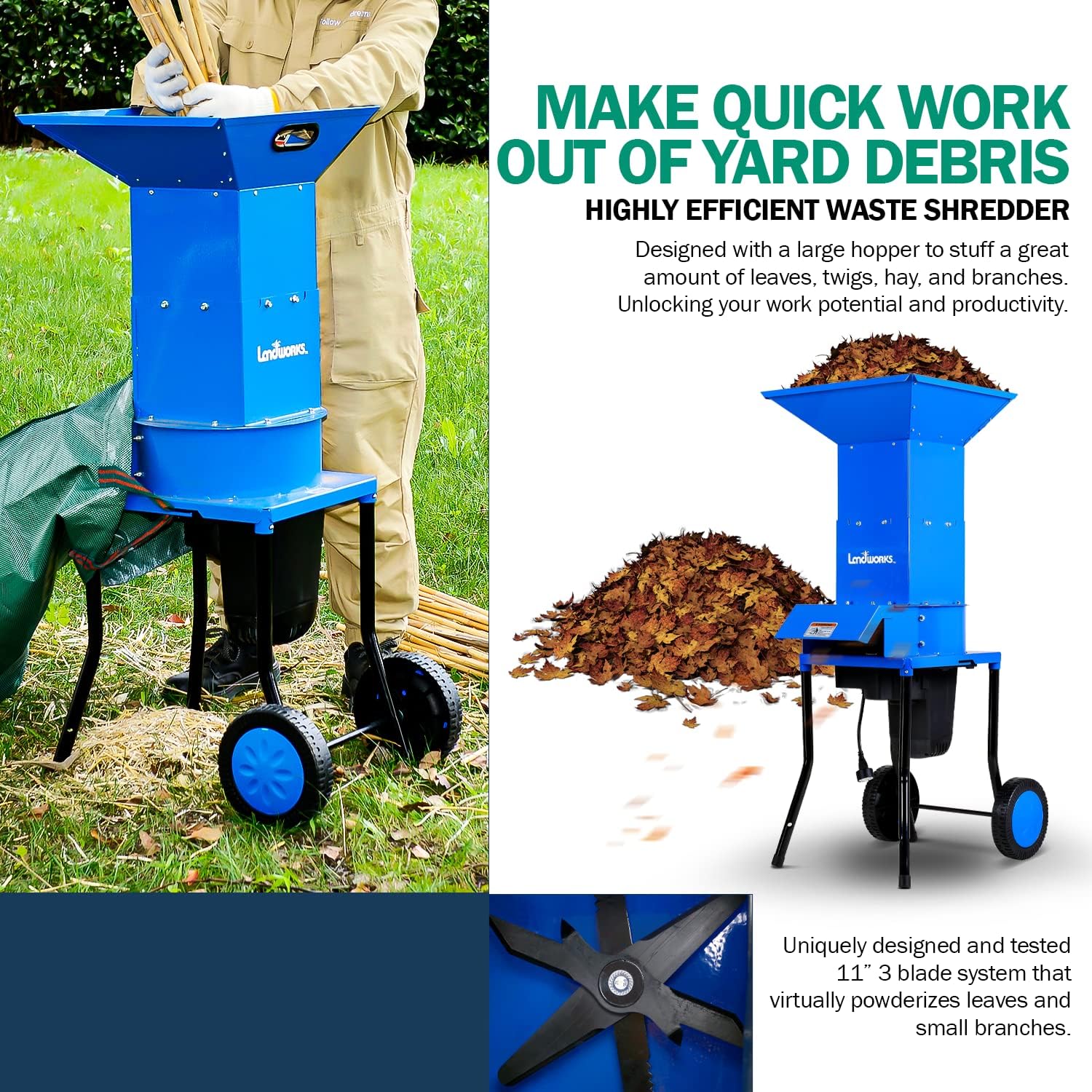 Landworks Leaf Mulcher Shredder Electric Green and Waste Management Heavy Duty 120V AC 11 Inch Cutting Blade .5 Inch Cutting Capacity for Leaves, Grass, & Clippings