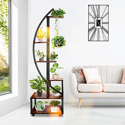 Seeutek 2 pcs 6 Tier Tall Metal Indoor Plant Stands with Hanging Loop,Half Moon Shaped Ladder Plant Shelf Holder,Multiple Plant Stand Flower Pot Rack for Home Decor Patio Lawn Garden