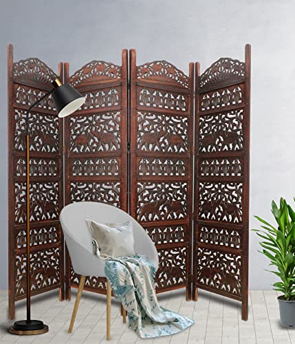 Room Divider Wood Screen - Ghanti Bells Antique Brown - 4 Panel Folding 72 x 80 - Assembled Hand Carved Decorative Functional Versatile Portable Partition Reversible Privacy Boho - COTTON CRAFT