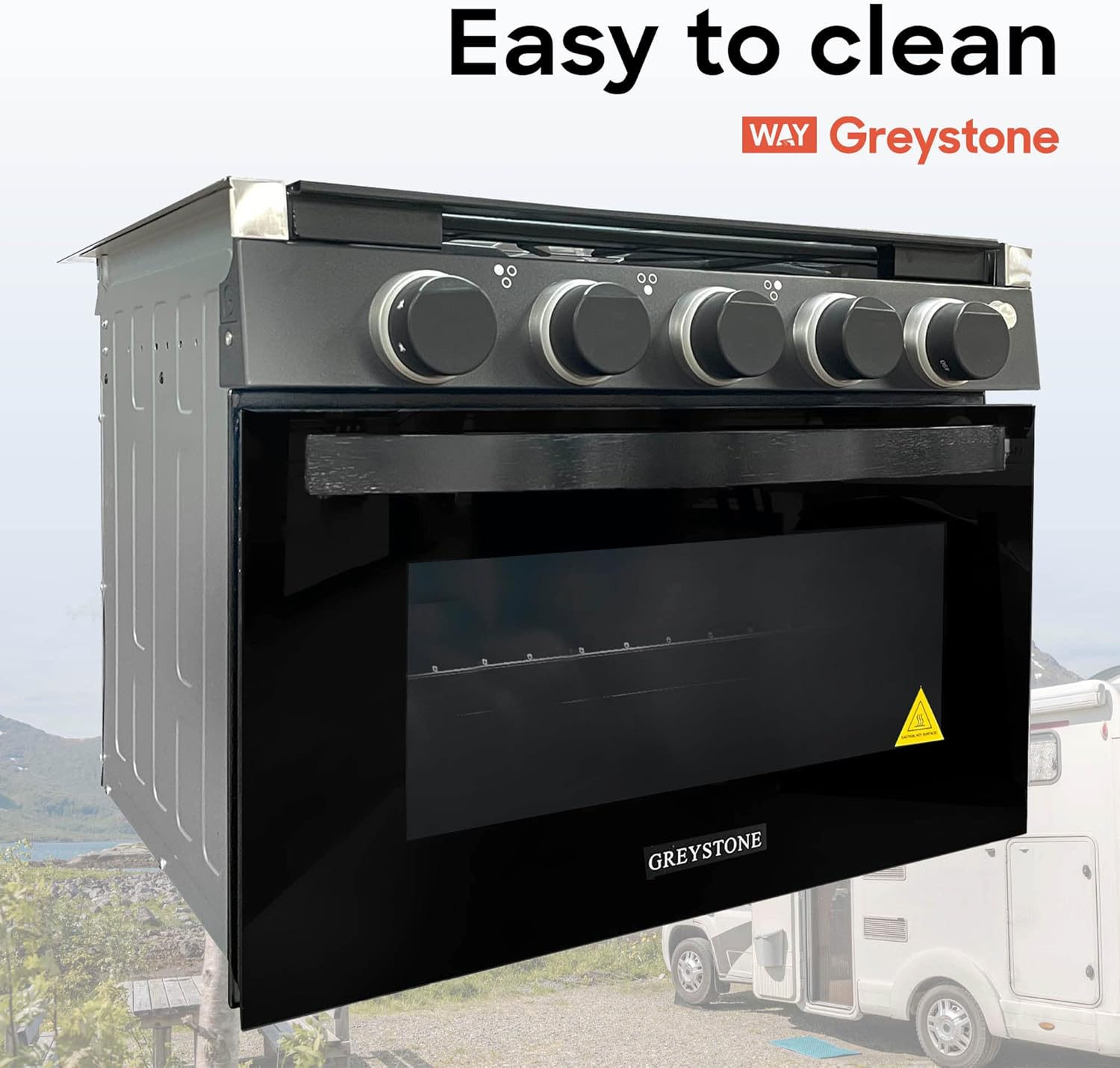 Greystone, 21 Inch RV Gas Range, Stove and Oven Combo, 12 Volt, LP, 3 Burners, Stainless Steel Trim with Black Fixtures