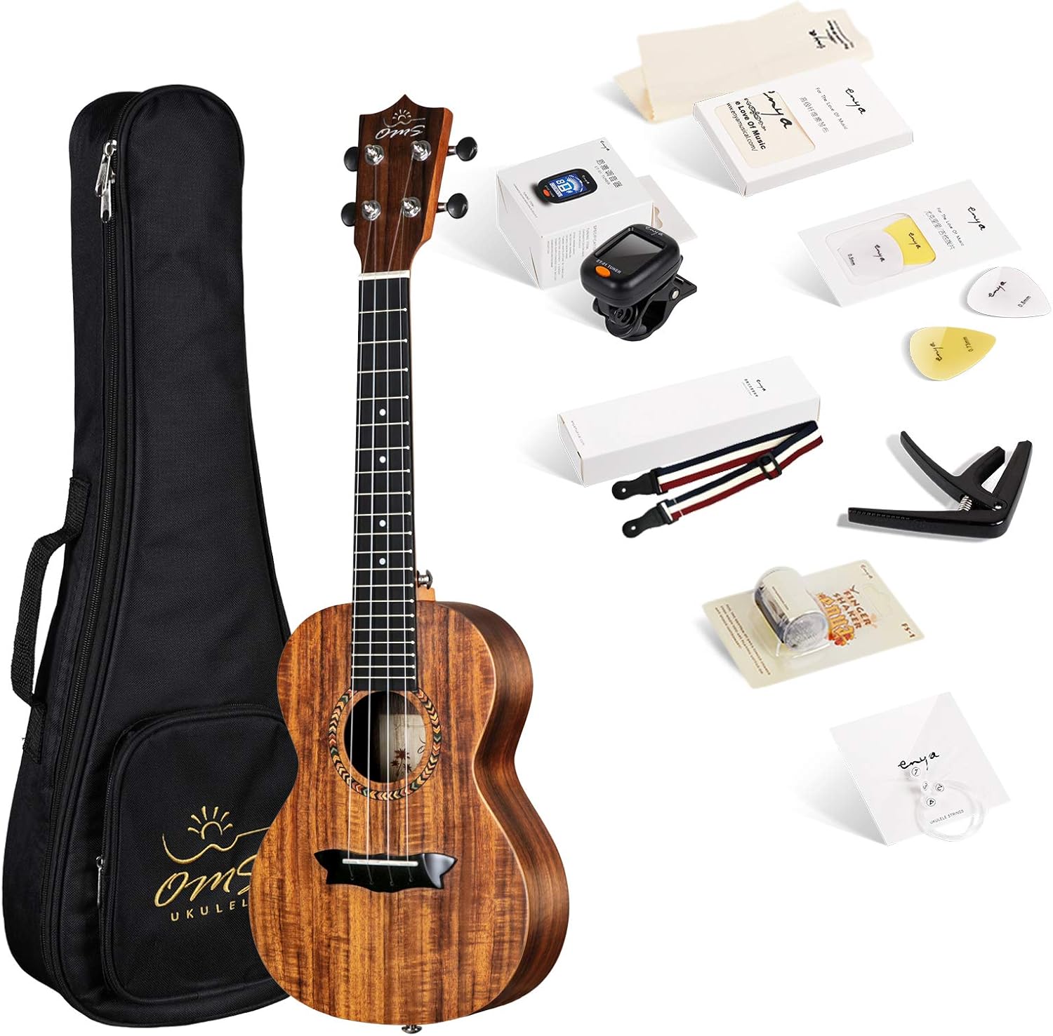 Enya Concert Ukulele 23 Inch Blue Solid Mahogany Top with Ukulele Starter Kit Includes Online Lessons, Tuner,Case, Strap, Strings, Capo, Sand Shaker, Pick,Polish Cloth (EUC-25D BU)