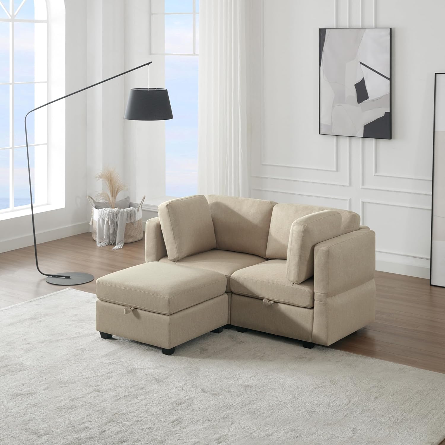 Space Saving Small Sectional Sofa with Ottoman, 2 Seater Sofa with 1 Ottoman, All Seats and Ottomans with Storage Function - Beige