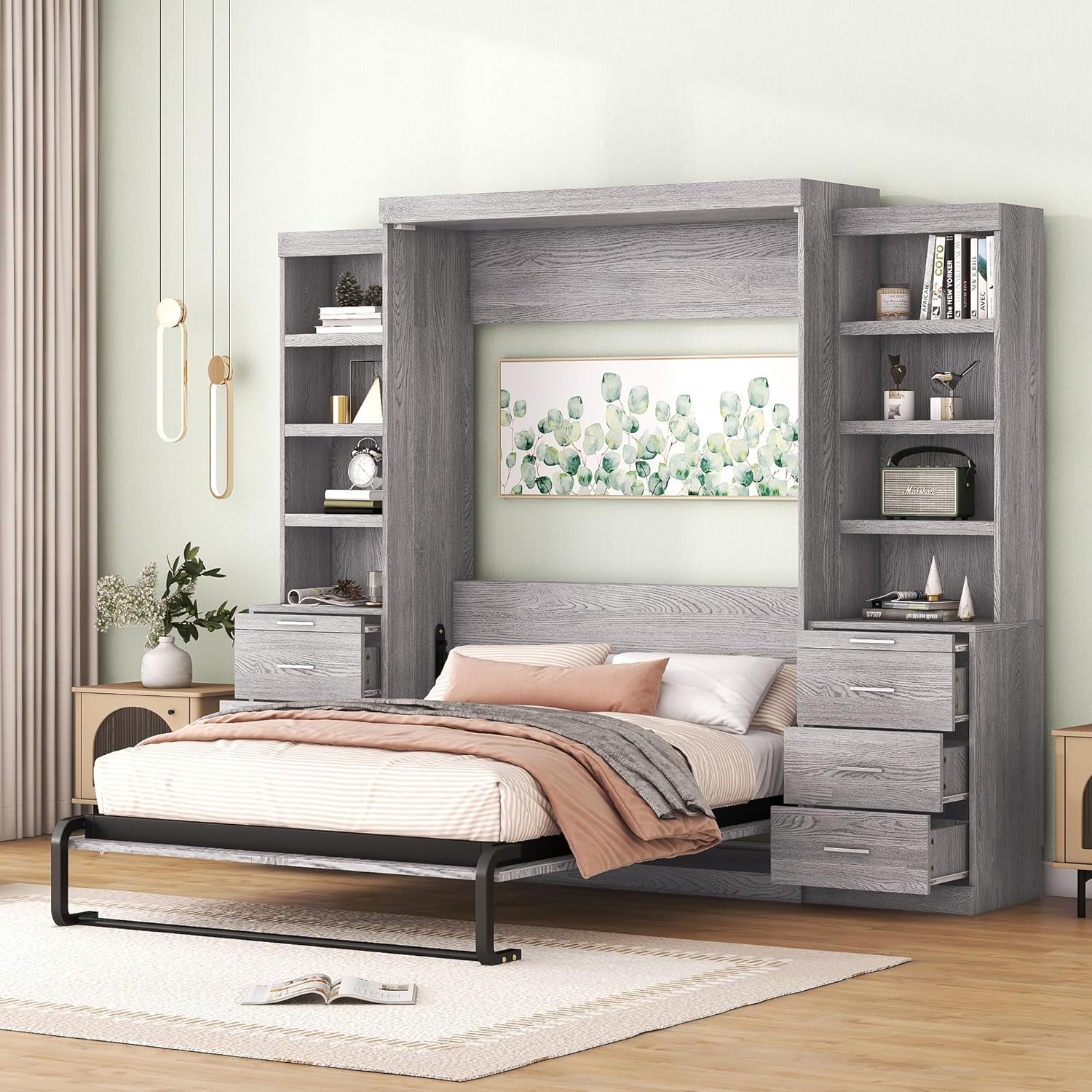 Harper & Bright Designs Full Size Murphy Bed, Wood Full Murphy Bed with Storage Shelves and Drawers, Gray