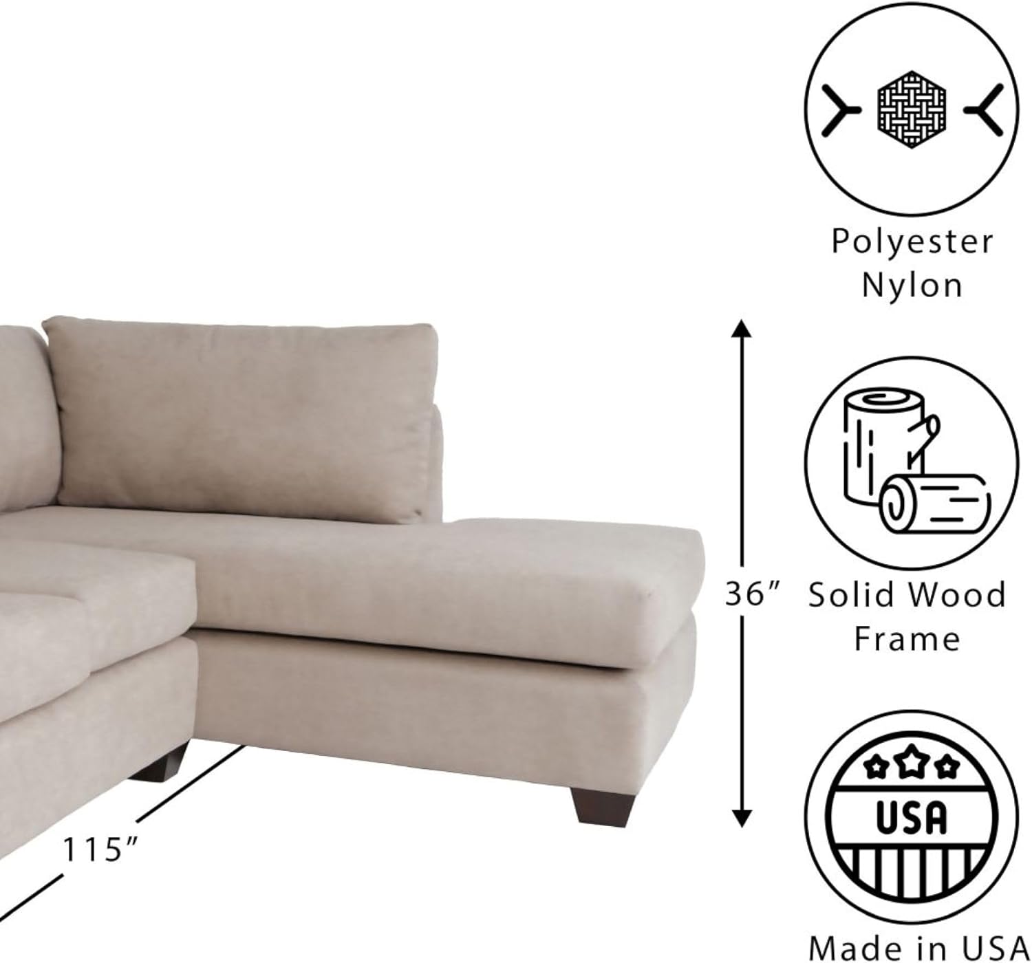 L Shaped Sectional Sofas for Living Room, Modern Sectional Couches for Bedrooms, Apartment with Solid Wood Frame (Tan, Polyester Nylon)