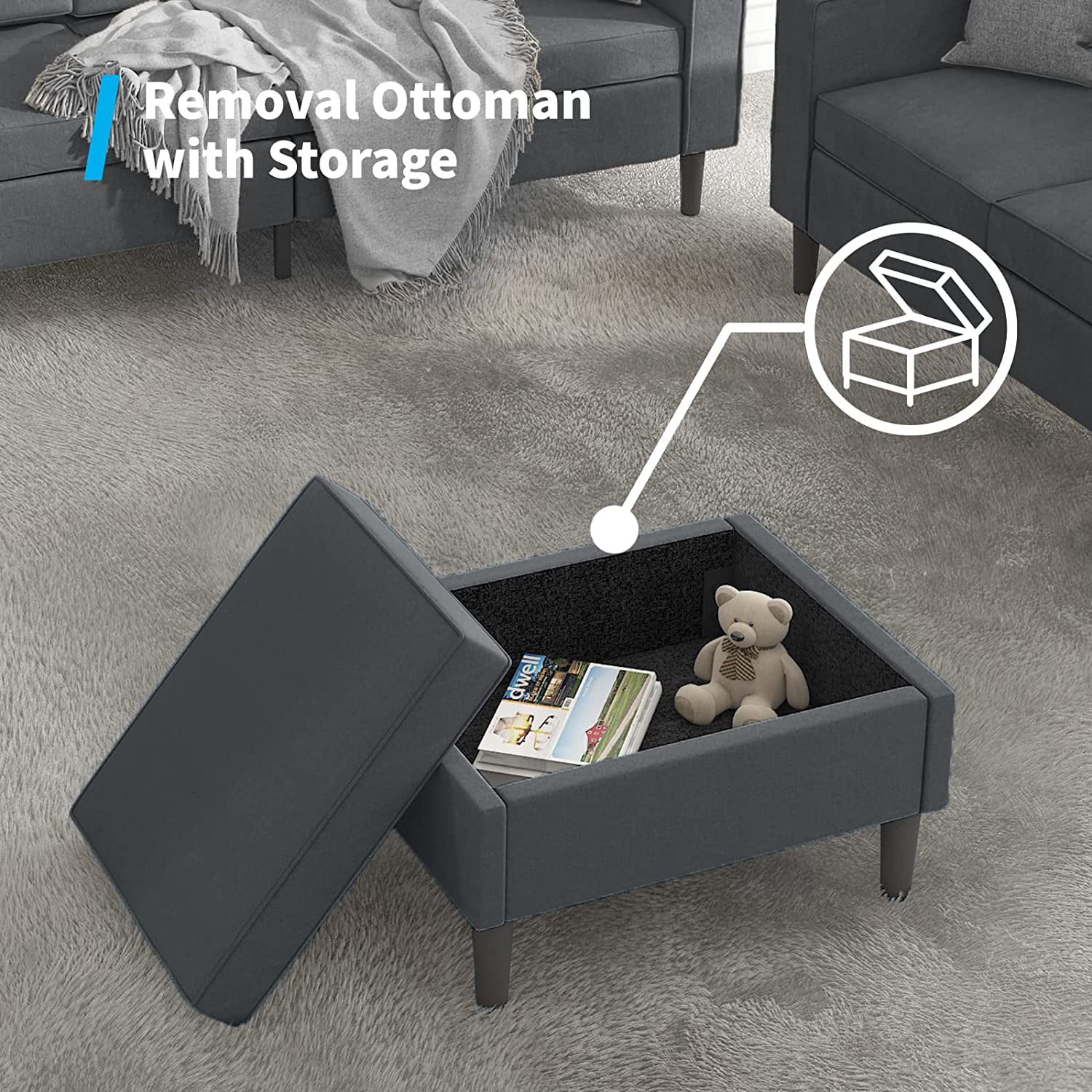 Mjkone Convertible Sectional Sofa Couch with Storage Ottoman, 3 Pcs Couch Set with Storage Pockets, Sectional Couches for Living Room, 3-Seater + Ottoman+ 1-Seater (Dark Gray)