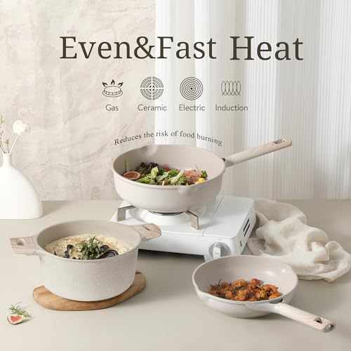 CAROTE 17pcs Pots and Pans Set Non Stick, Kitchen Cookware Sets, Easy to Clean Kitchen Induction Pots and Pans, Pot and Pan Sets for Cooking, Cream White