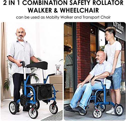 2 in 1 Rollator Walker for Seniors-Medical Walker with Seat,Folding Transport Wheelchair Rollator with 10" Big PU Rear Wheels,Reversible Soft Backrest and Detachable Footrests Blue