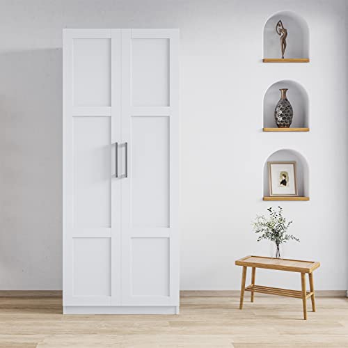 Bedroom Armoire Wardrobe with Doors and Shelevs,Clothing Storage Cabinet, Two Door Kitchen Cabinet, Wood Closet Organzier for Bedroom, Laundry Room White (23.62" L x 16.93" W x 70.87" H)