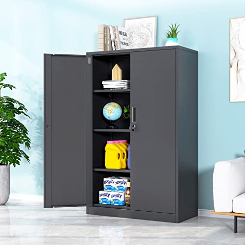 Metal Storage Cabinet with Locking Doors and 2 Adjustable Shelves, Small Lockable Steel Storage Cabinets for Home Office Garage Kitchen Pantry (Black)